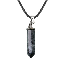 Labradorite Hexagonal Prism GunBlack Wizard Cap Pendant Necklace 45cm Black Cord