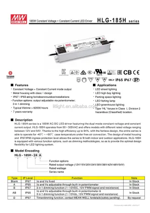 Mean Well HLG-185H Series 185W Power Supply: DC 12V to 54V Waterproof LED Driver