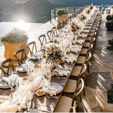 MORE DESIGN Best Price Outdoor Rattan Cross Back Wicker Wooden Stacking Chair for Wedding Banquet and Hotel