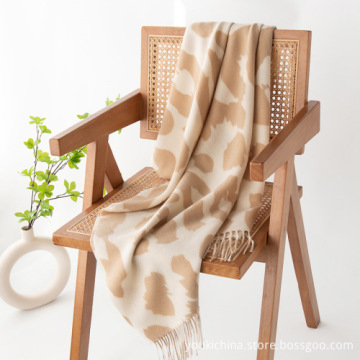 Double-Sided Cow Pattern Acrylic Fringed Shawl Scarf