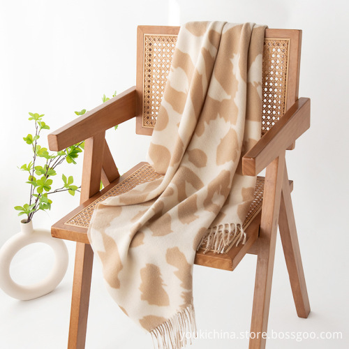 Double-Sided Cow Pattern Acrylic Fringed Shawl Scarf