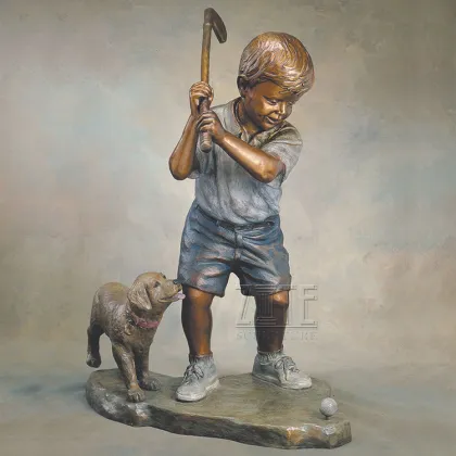 Outdoor lovely casting bronze boy and puppies statues children sculpture