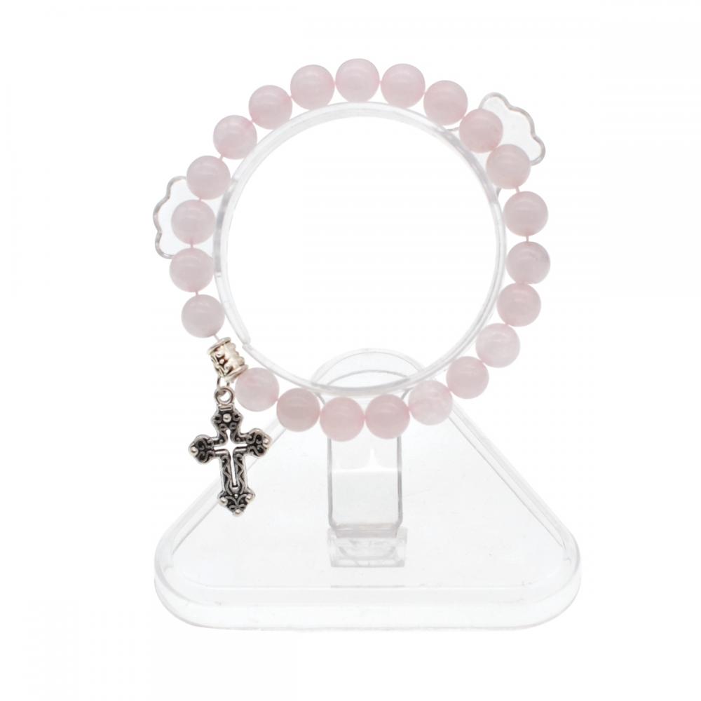 Pulsera de los encantos de los granos redondos de la piedra preciosa 8MM de Chakra del cuarzo de Rose natural con la aleación cruzada