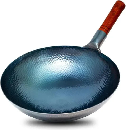 High-Quality Factory Hand-Hammered Preseasoned Chinese Wok with Wood Handle - Carbon Steel