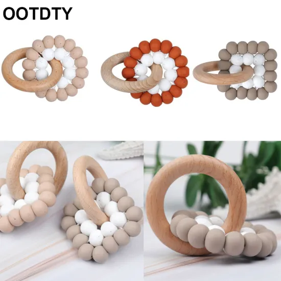 Baby Teether Bracelet Ring Beech Wooden Pendant Baby Boys Girls Teething Rattle Shower Gift