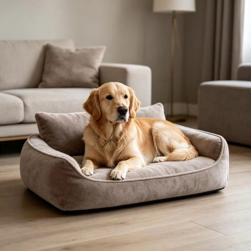 Square Bolster Dog Bed, Minimalist European Style Pet Sofa Bed, Soft Short Velvet Upholstered Pet Couch Bed with Raised Rim, Non