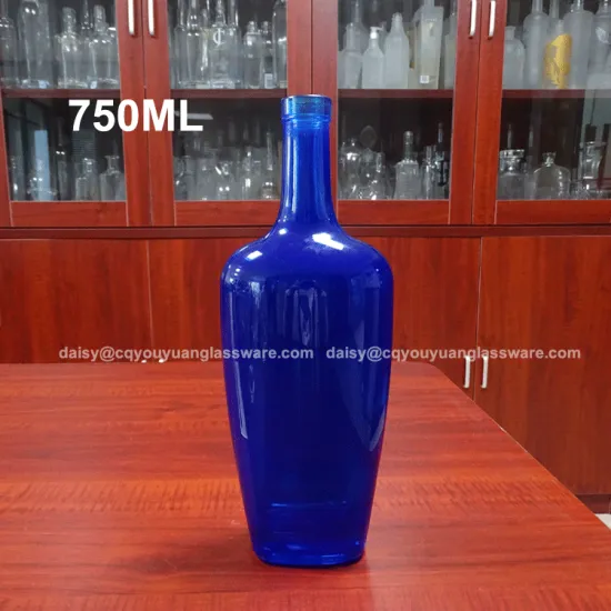 Blue painted flat 750ml wholesale glass bottles for liquor packing