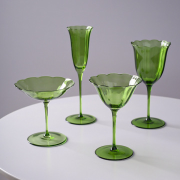 Elegant Vintage Floral Green Crystal Stemmed Glassware for Wine, Cocktails, and Champagne