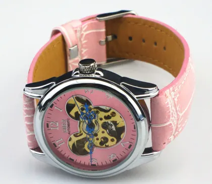 Pink Mechanical Ladies Automatic Watch Skeleton , Leather Wrist Watches