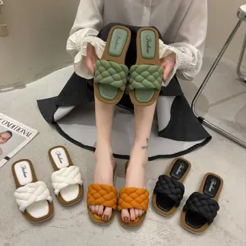 New Summer Women's Fashion Woven Flat Slippers, Sandals, Beach Square Flats