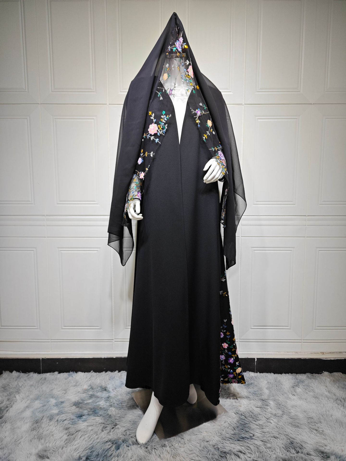 Floral Embroidery Open Abaya with Headscarf (8)