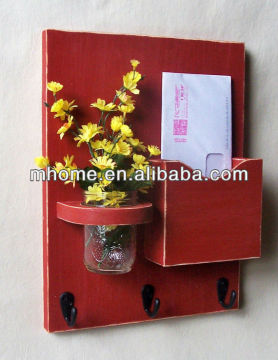 Decorative wall wood letter holder and key rack with flower vase