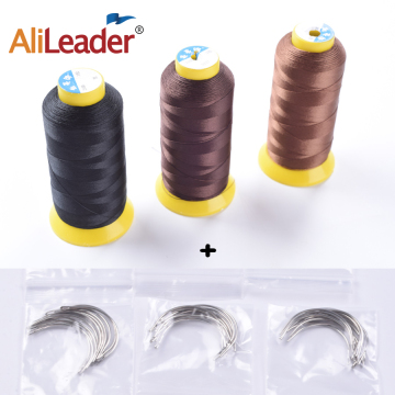 Good 10Roll Black/Dark Brown/Light Brown Weaving Threads For Machine Weft Hair Extension, Wig Making Tools Curved Sewing Needles