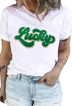 Wholesale Large Chenille Patches - White Green Lucky Letter Patch for Clothing