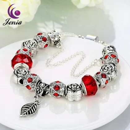 Jenia Fashion Zircon & Glass Bead Clasp Bracelet Women Gift Red Bead Bracelet