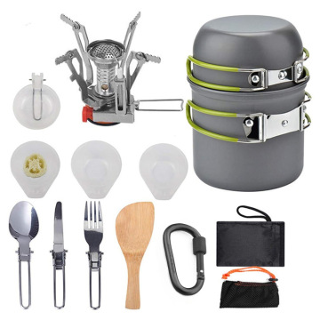 Complete 9-Piece Outdoor Cooking Set: Gas Stove, Pots, Pans, Kettle, Cups, and Tableware for Camping and Hiking