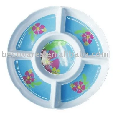 Blue and white 5 divided divided dessert melamine compartment plate dishes