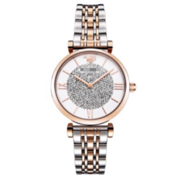 Reloj de cuarzo para mujer de acero inoxidable en oro rosa y plata de dos tonos, pulsera de metal con números romanos y esfera blanca pavimentada de cristal de 32 mm Dr.