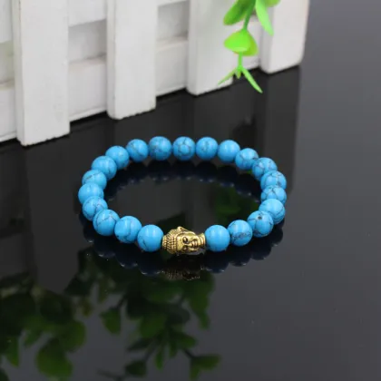 hot selling wholesale blue turquoise natural stone beaded bracelet,buddha head charm elastic bead bracelet jewelry RB2269