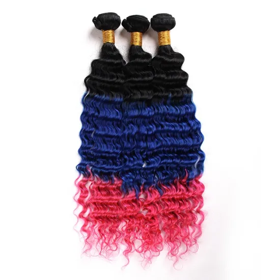 Wholesale Ombre 1B Blue Pink Kinky Curly Human Hair Extension Brazilian Hairs Virgin Cuticle Aligned Hair
