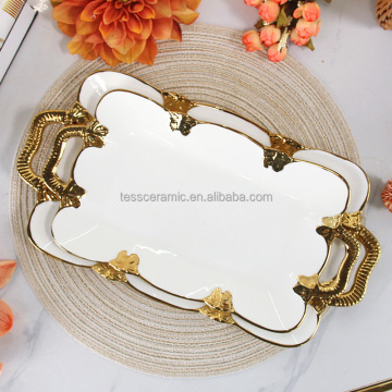 Unique Gold Butterfly Rim Porcelain Kitchen Plates Sets Dinnerware Rectangle Serving Plates with Handle