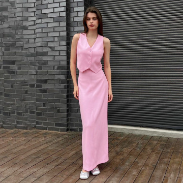 Giubbotto senza maniche a due pezzi rosa alla moda autunnale e set di gonna a vita divisa