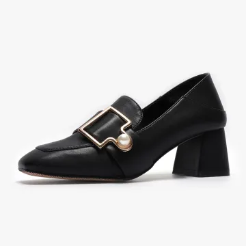 2021 pearl buttons thick heel slip-on lady shoes