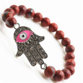 Red Jasper 8MM Round Beads Stretch Gemstone Bracelet with Diamante Evil eye Piece