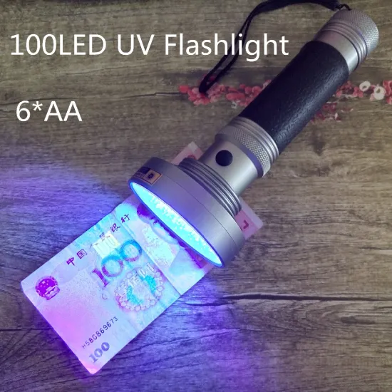395nm 100 led uv flashlight powered by 6 AA batteries