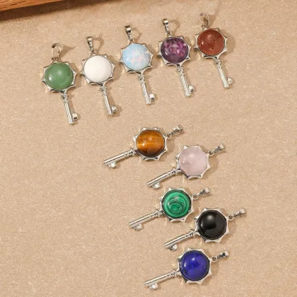 Opalite Round Cabs Silver Alloy Key Pendant Keychain Lobster clasp