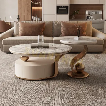 Luxury Modern Round Center Table Set - Travertine and Marble Coffee Tables