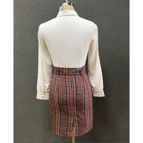 women's white slim shirt/check skirt