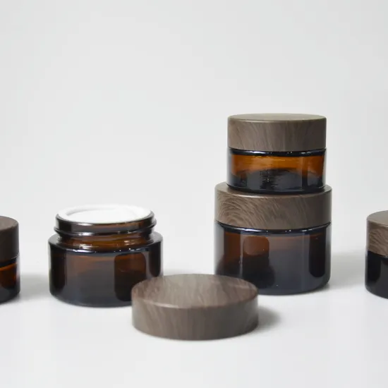 Customizable 1oz 15g Body Butter Glass Jars with Amber Finish and Dark Wood lids for Cosmetic Packaging