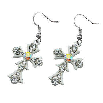 Rhodium-plated cross drop earrings, made of rhinestones and alloy, in various colors/designs