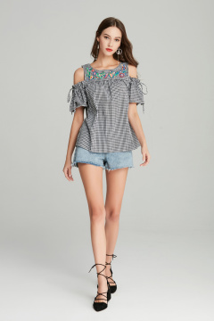 fashion ladies embroidery gingham check top