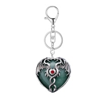 Amethyst Heart Antique Silver Double Dragon Stone Pendant (32x42mm) Keychain