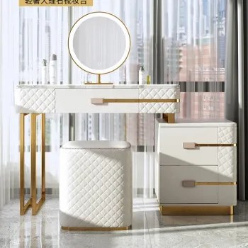 Modern White Leather Dressers and MDF Cabinets with Mirror and Stool for Bedroom