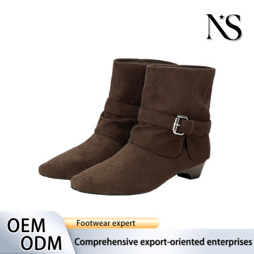 Chocolate Suede AnkleBoots(Buckle Strap,Low Block Heel)