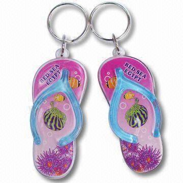 Flip-flop-shaped acrylic keychain, insert with printed paper card