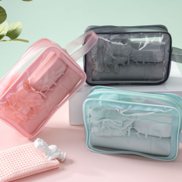 Heat-Sealed PVC Pink Transparent Makeup Pouch with Handle