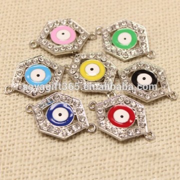 Silver Rhinestone Crystal Hexagon Oil Drip Evil Eye Connectors Turkish Lucky Eye Pendant