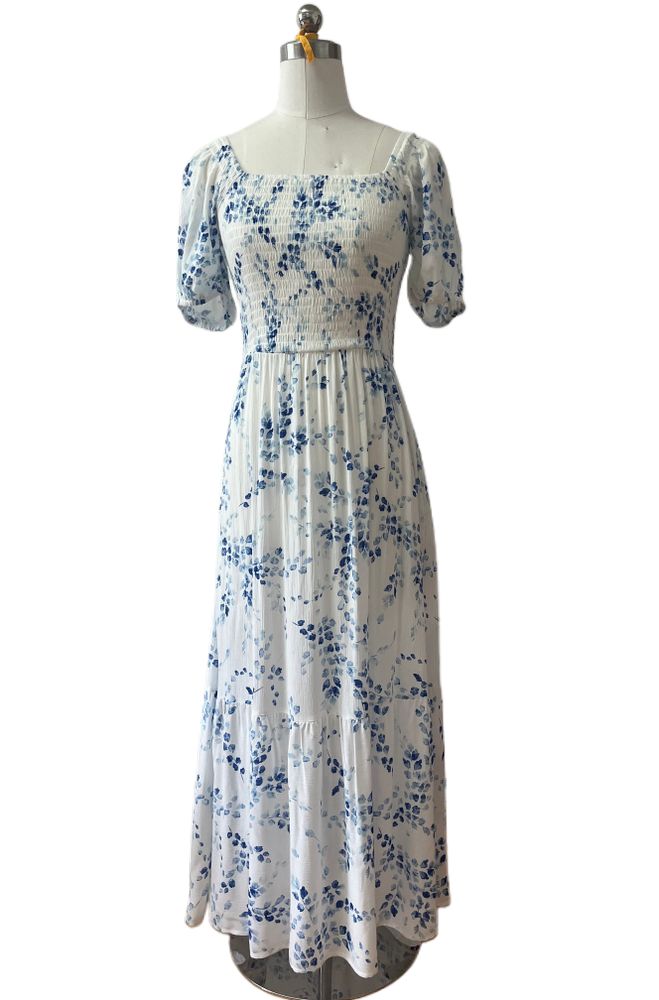 Square Neck Blue White Floral Print Maxi Dress