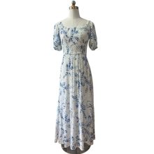 Square Neck Blue White Floral Print Maxi Dress