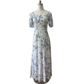 Square Neck Blue White Floral Print Maxi Dress