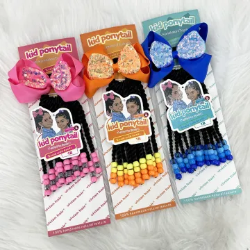Custom Length Kids Braided Ponytail with Beads and Glitter Bow