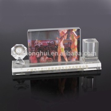 2016 China new innovative product crystal pen holder with hot photo and clock
