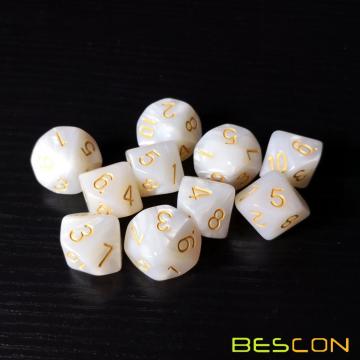 Bescon Polyédrique 10 Dés de Côtés avec Numéro 1-10, Dés 10 Côtés Blanc Marbre, 10 Côtés Cube 1-10 Blanc Perle