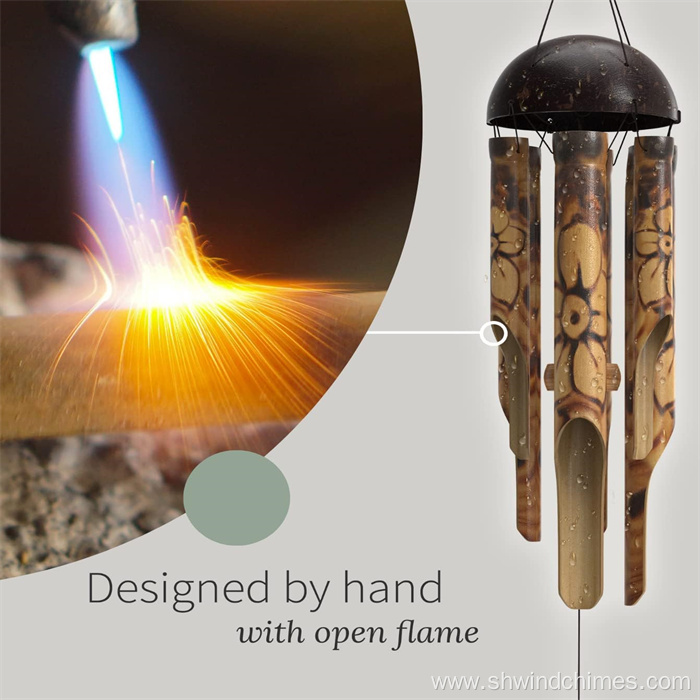 Bamboo Wind Chimes with Burned Design and Coconut Crown