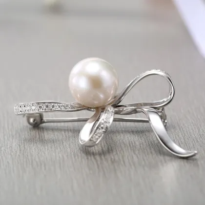 Wholesale Quality 925 Silver Bowknot Pearl Brooch Jewelry