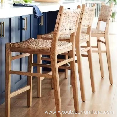 Wooden Coffee Cafe Shop Armrest high Kitchen Restaurant Dining Wood Bar Counter Stool with Rope Seat